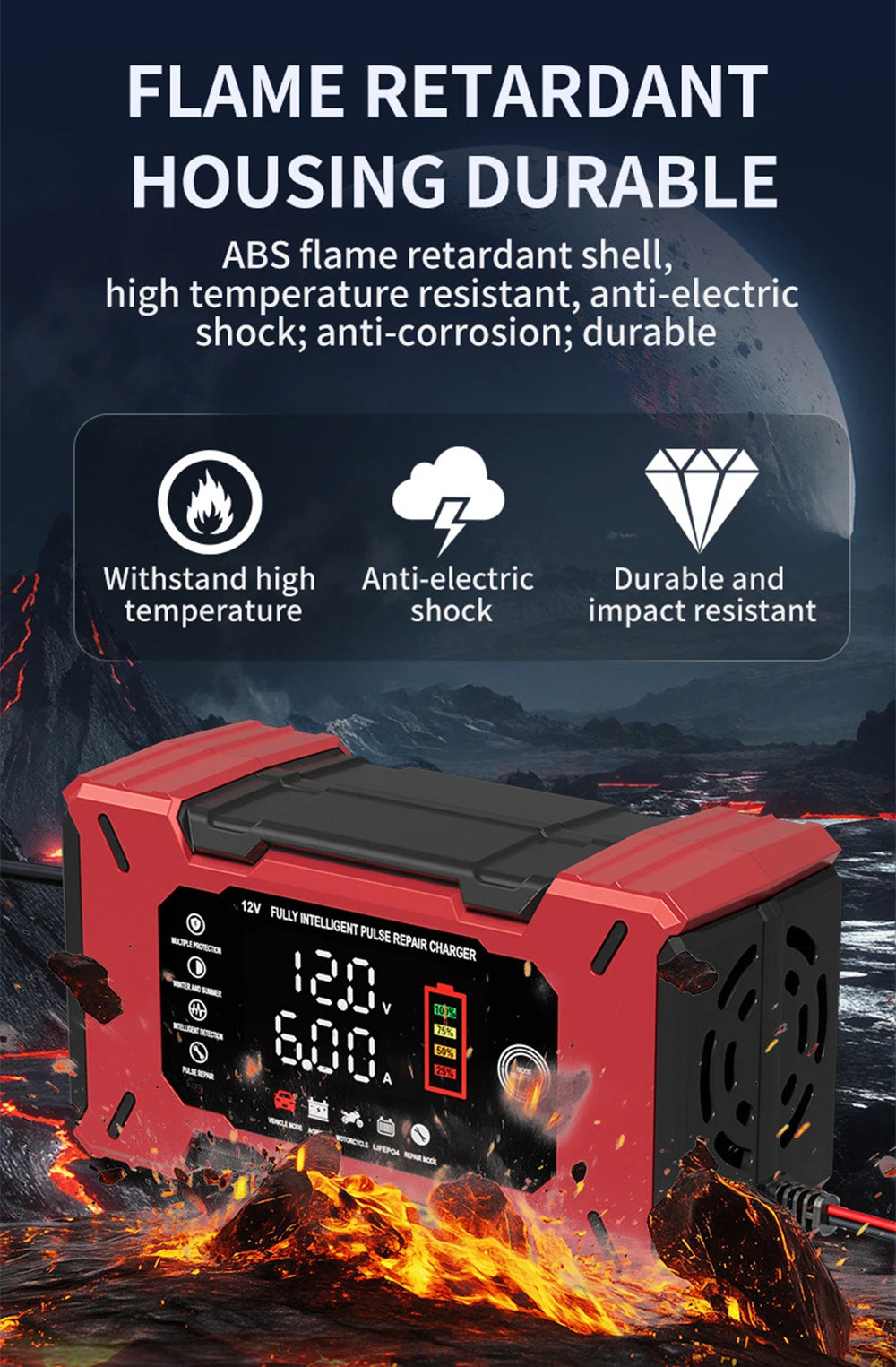 Cargador de batería inteligente 12V 6A con reparación por pulsos para autos y motos