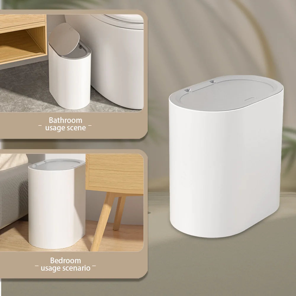 Cubo de basura tipo prensa con tapa, impermeable para baño y hogar