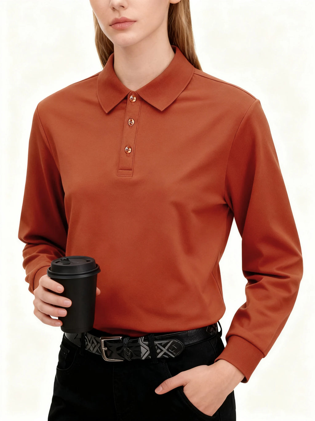 Polo de Manga Larga Ajustado para Mujer, Cuello con Solapa