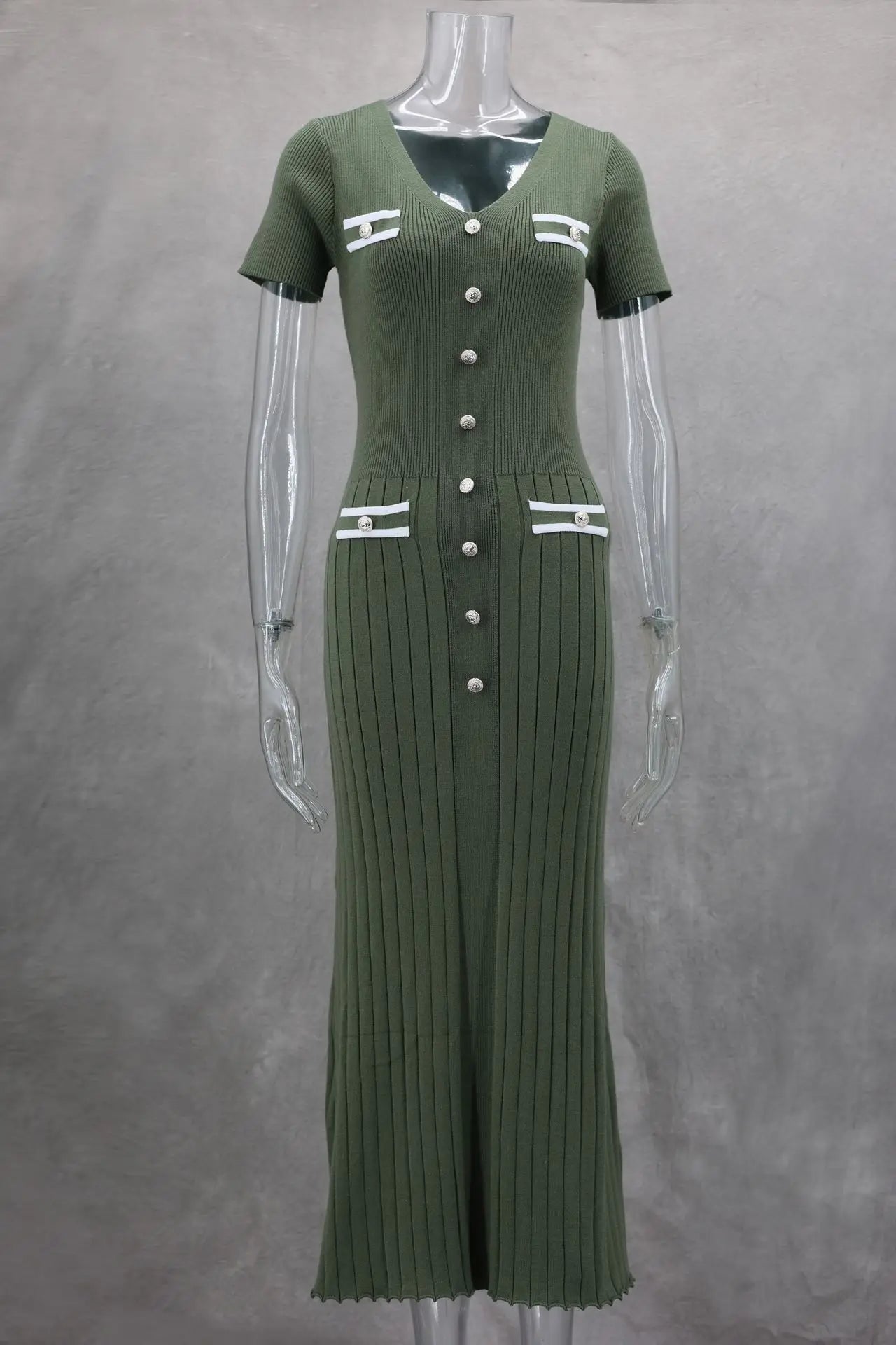 Vestido largo de punto con cuello en V para mujer, suéter elegante de un solo pecho, ropa de calle ceñida al cuerpo, moda de verano, 2024