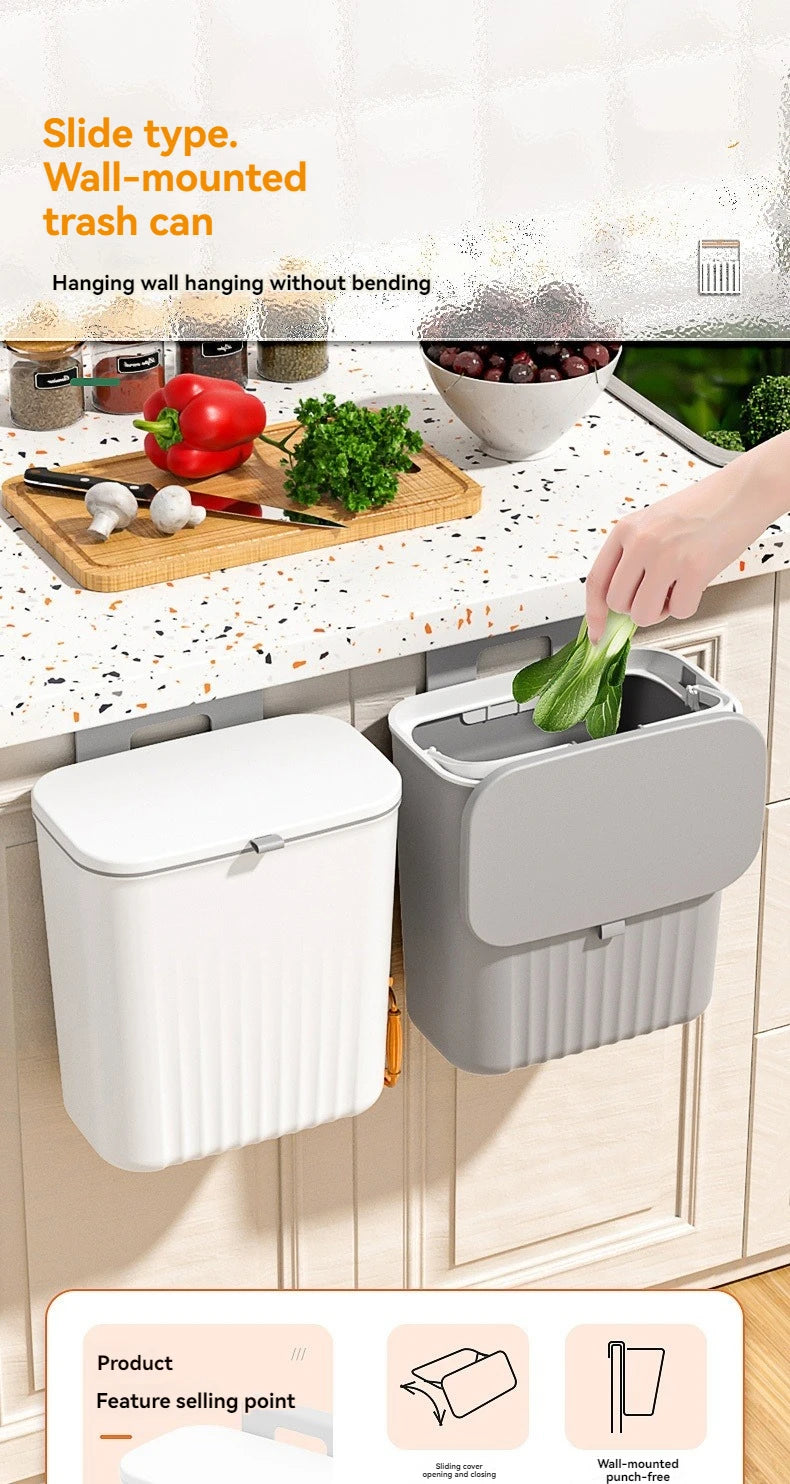 Cubo de basura de clasificación de cocina montado en la pared con tapa, tapa deslizante colgante creativa de gran capacidad sin rastro para el hogar