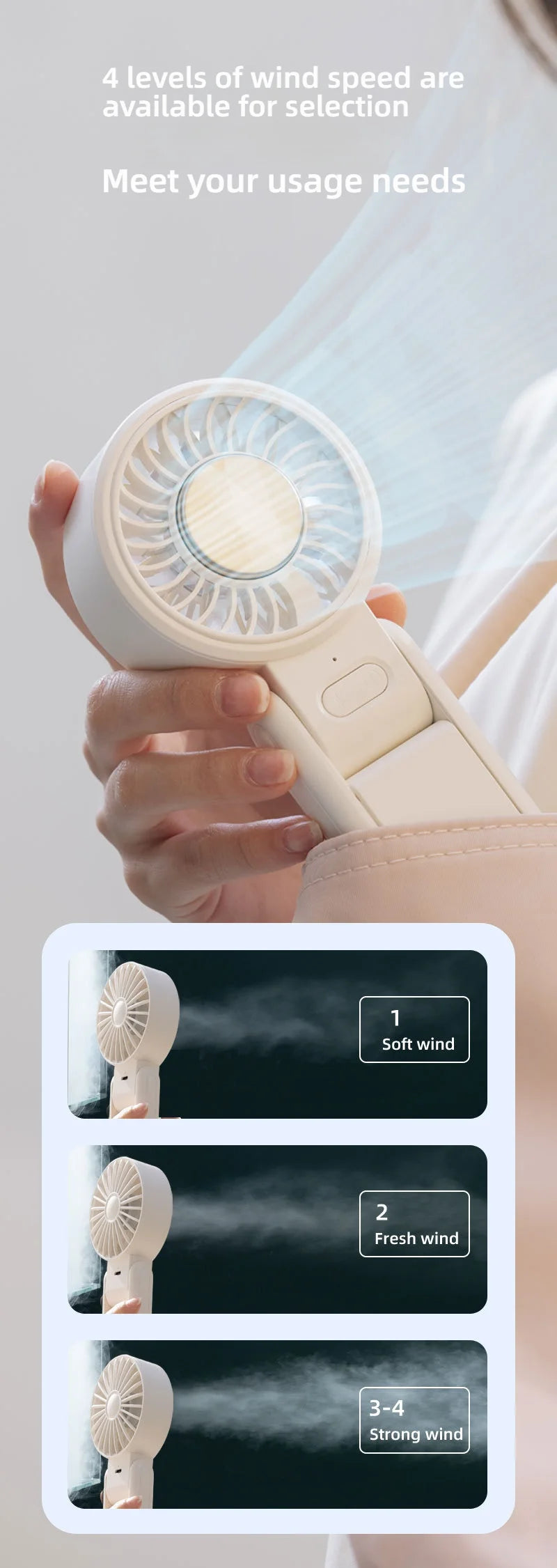 Ventilador de Mano Portátil con Enfriamiento por Hielo, 4 Velocidades, Recargable, Ligero, para Verano, Camping y Actividades al Aire Libre