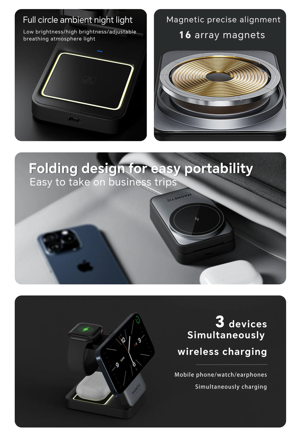 Soporte de Carga Inalámbrico Magnético 3 en 1 Plegable para Magsafe iPhone 16 15 14 13 Apple Watch 2-9 Airpods Pro, Estación de Carga Rápida