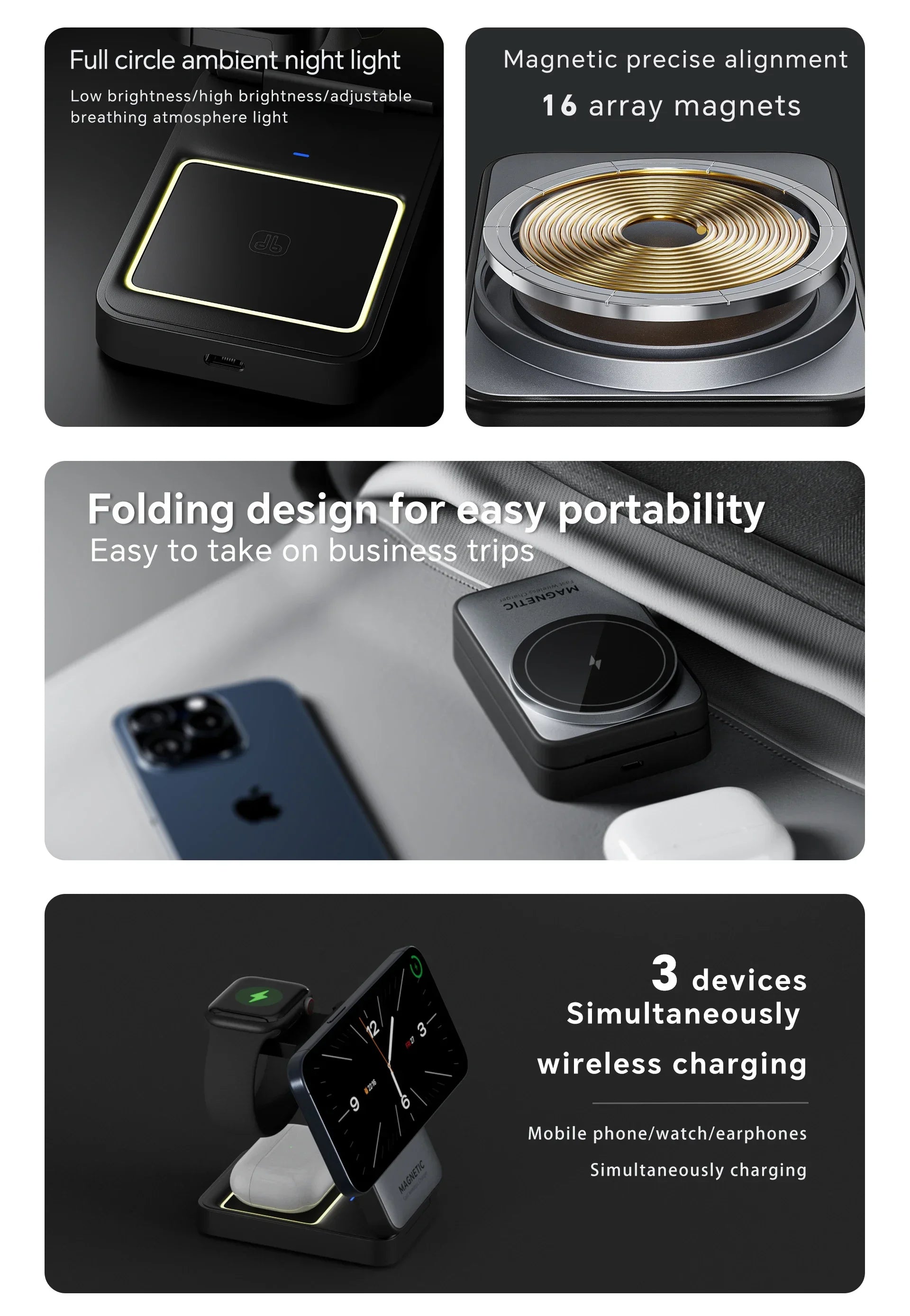 Soporte de Carga Inalámbrico Magnético 3 en 1 Plegable para Magsafe iPhone 16 15 14 13 Apple Watch 2-9 Airpods Pro, Estación de Carga Rápida