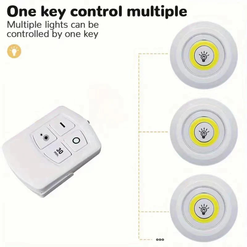 Luz LED regulable para debajo del gabinete con Control remoto, luces LED para armarios con pilas, iluminación para armario, baño, luz nocturna