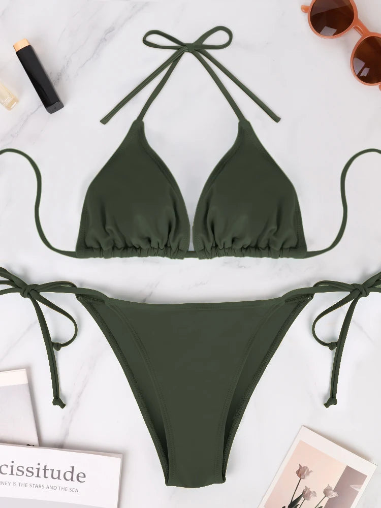 Conjunto de bikini sexy de 2 piezas para mujer, de color liso, sin tirantes, con espalda descubierta, tanga, traje de baño de verano, con detalles laterales de vendaje.