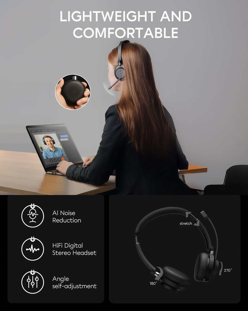 Rownfusny Auriculares Bluetooth USB para Trabajo
