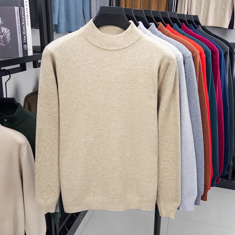 Suéter de punto de medio cuello alto para hombre, jersey de Color sólido con cuello simulado, sudadera informal de Otoño/Invierno, ropa de marca para hombre