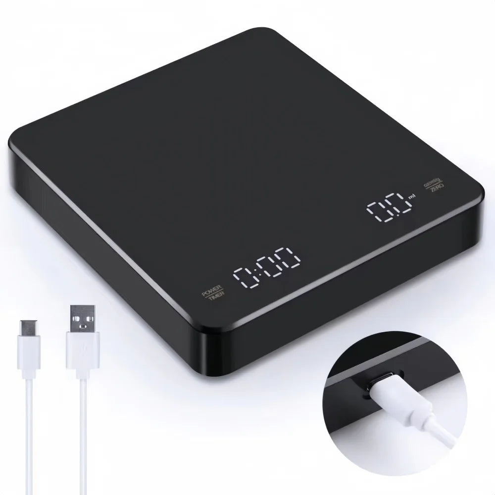 Báscula Electrónica de Café de Alta Precisión con Base Impermeable, Pantalla LED, Temporizador USB, Accesorios Profesionales para Café en Casa, 3 kg/5 kg