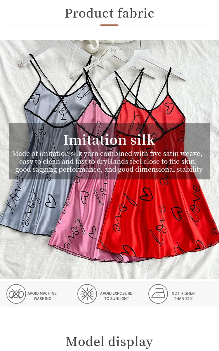 Camisón con estampado de corazón Vestido de dormir elegante con cuello redondo y espalda cruzada Ropa de dormir para mujer