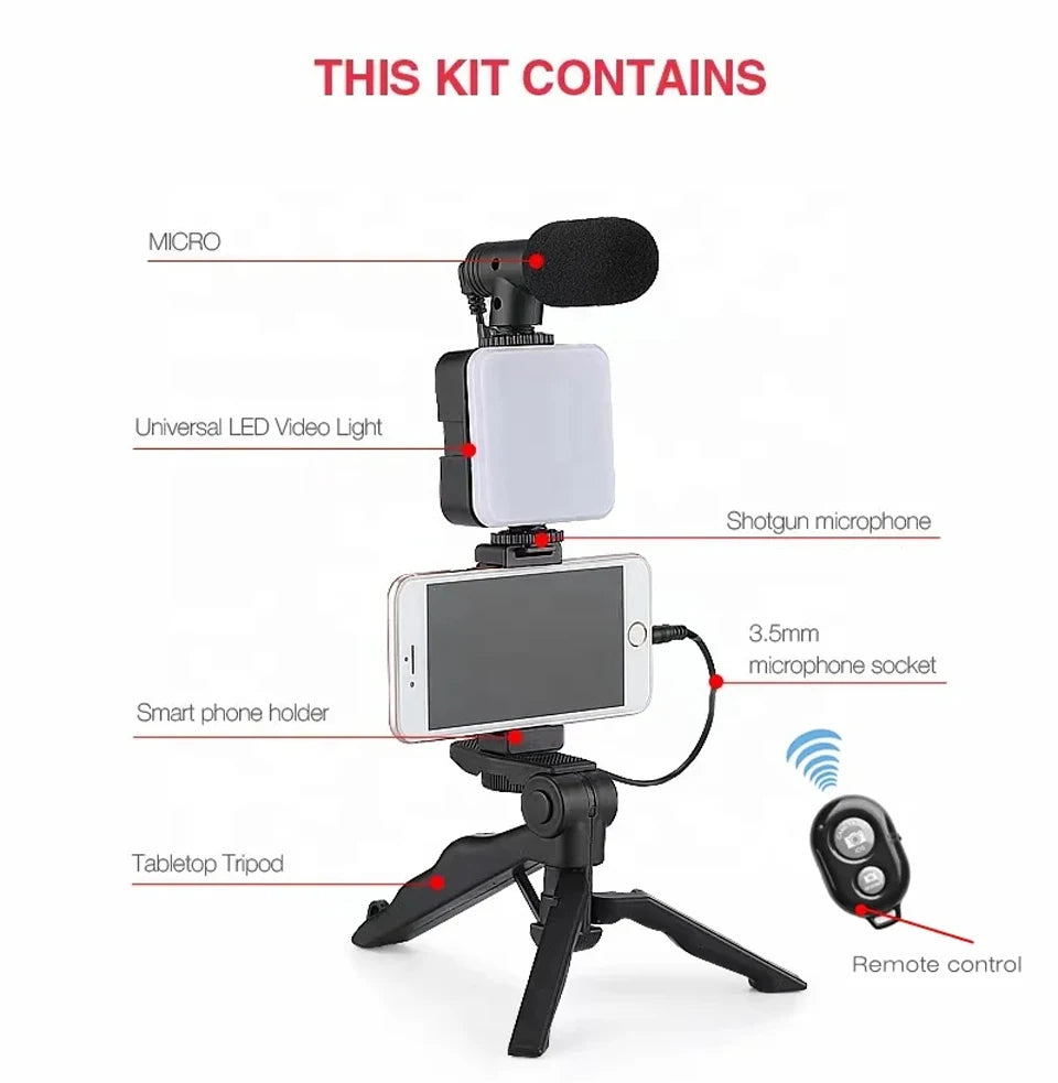 Kit de vlogging para teléfono inteligente con trípode, soporte para teléfono, Mini micrófono, luz de relleno LED, arrancador para TikTok, transmisión en vivo, vídeo, YouTube