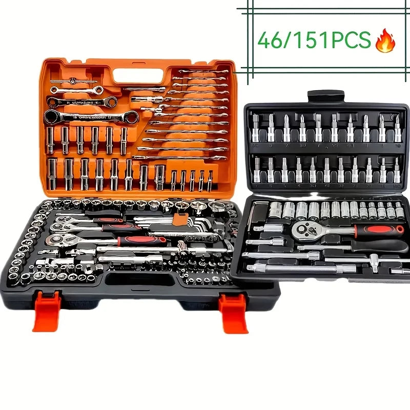 Juego de Herramientas de 150/46 Piezas, Kit de Reparación Automotriz y de Motocicletas - Acero al Cromo Vanadio Resistente, Incluye Llaves de Trinquete