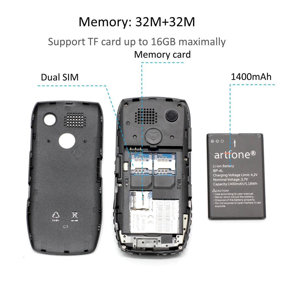 Teléfono móvil para personas mayores Artfone C1+ con base de carga gratuita, teclado grande de goma, para personas mayores, doble SIM, botón SOS, FM, 1400 mAh