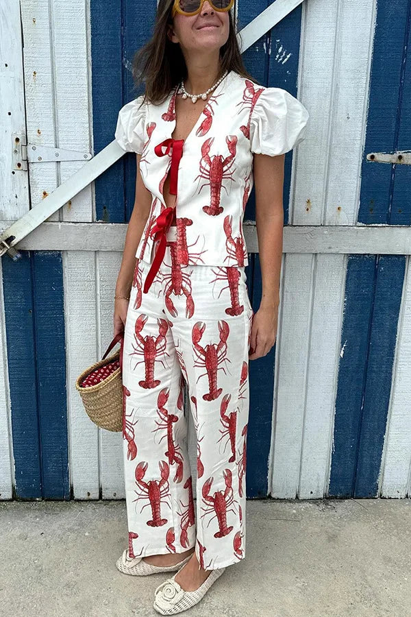 Conjunto de 2 piezas para mujer con blusa manga corta y pantalón ancho estampado
