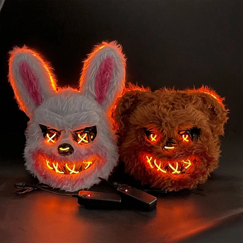 Máscara con brillo LED para Halloween, accesorios de terror, conejo sangriento y oso, simulan la piel, divertido disfraz de Cosplay, decoración de fiesta