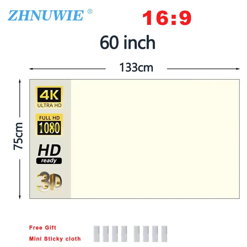 Pantalla de proyección anti-luz 16:9, tela HD reflectante de 60 a 133 pulgadas