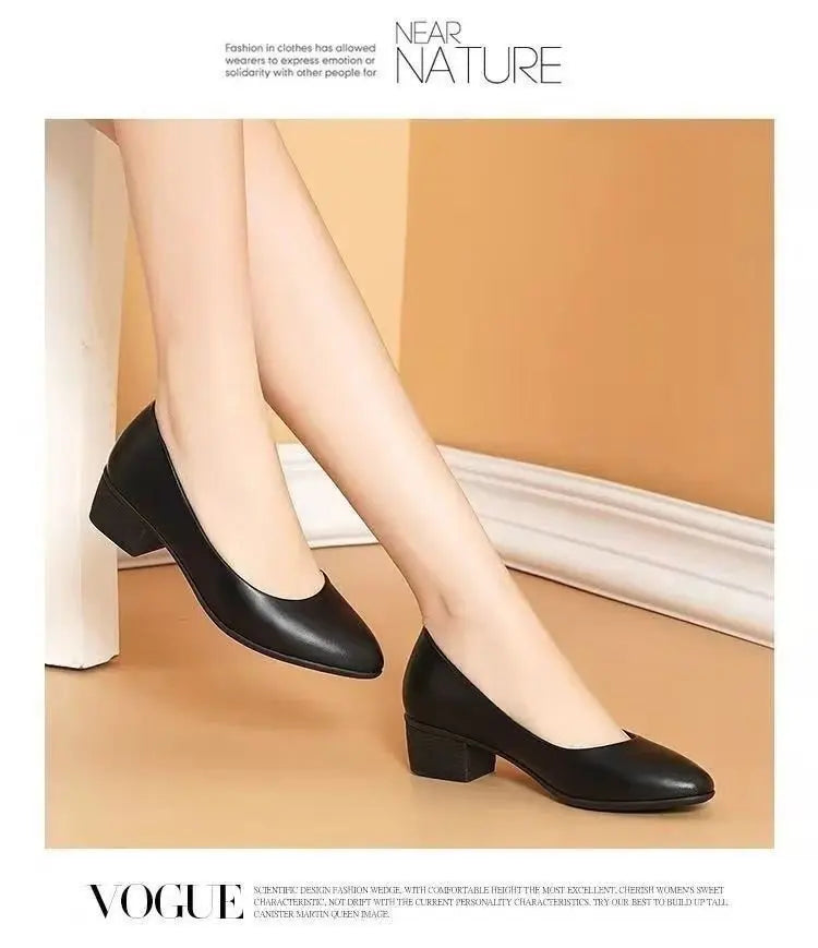 Zapatos de tacón bajo para mujer, zapatos formales de cuero genuino negro, sin cordones, cómodos, de tacón medio, novedad de 2025