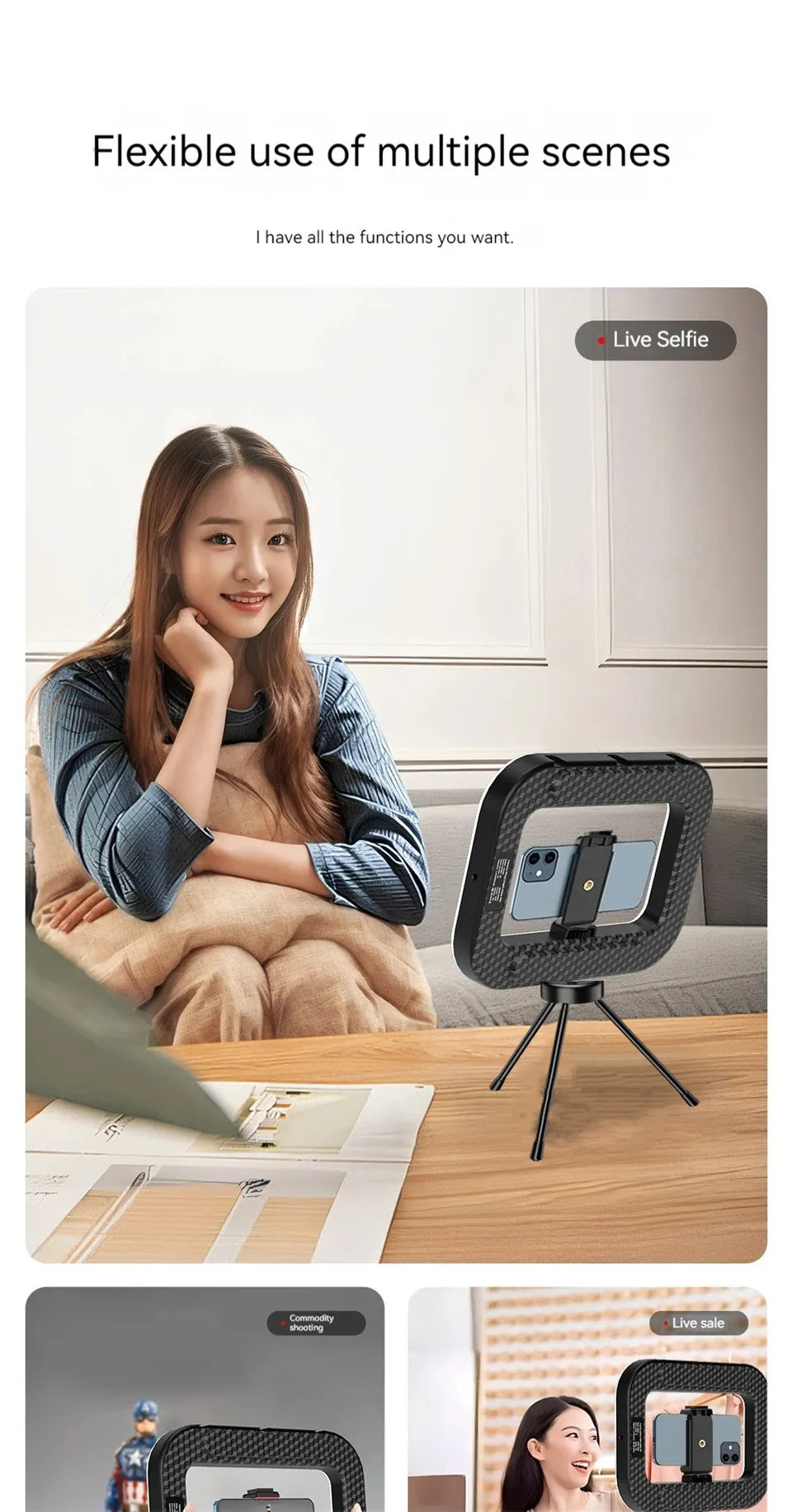 Luz de relleno para selfies, iluminación fotográfica LED cuadrada para grabación de video, transmisión en vivo, luz de relleno móvil con clip.