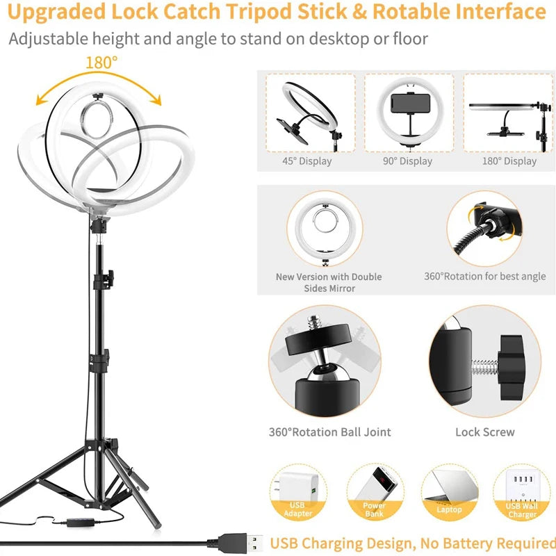 Anillo de luz LED de 10 pulgadas, iluminación fotográfica para Selfie con soporte para teléfono para Tiktok, Youtube, maquillaje, vídeo, lámpara de anillo para estudio en vivo