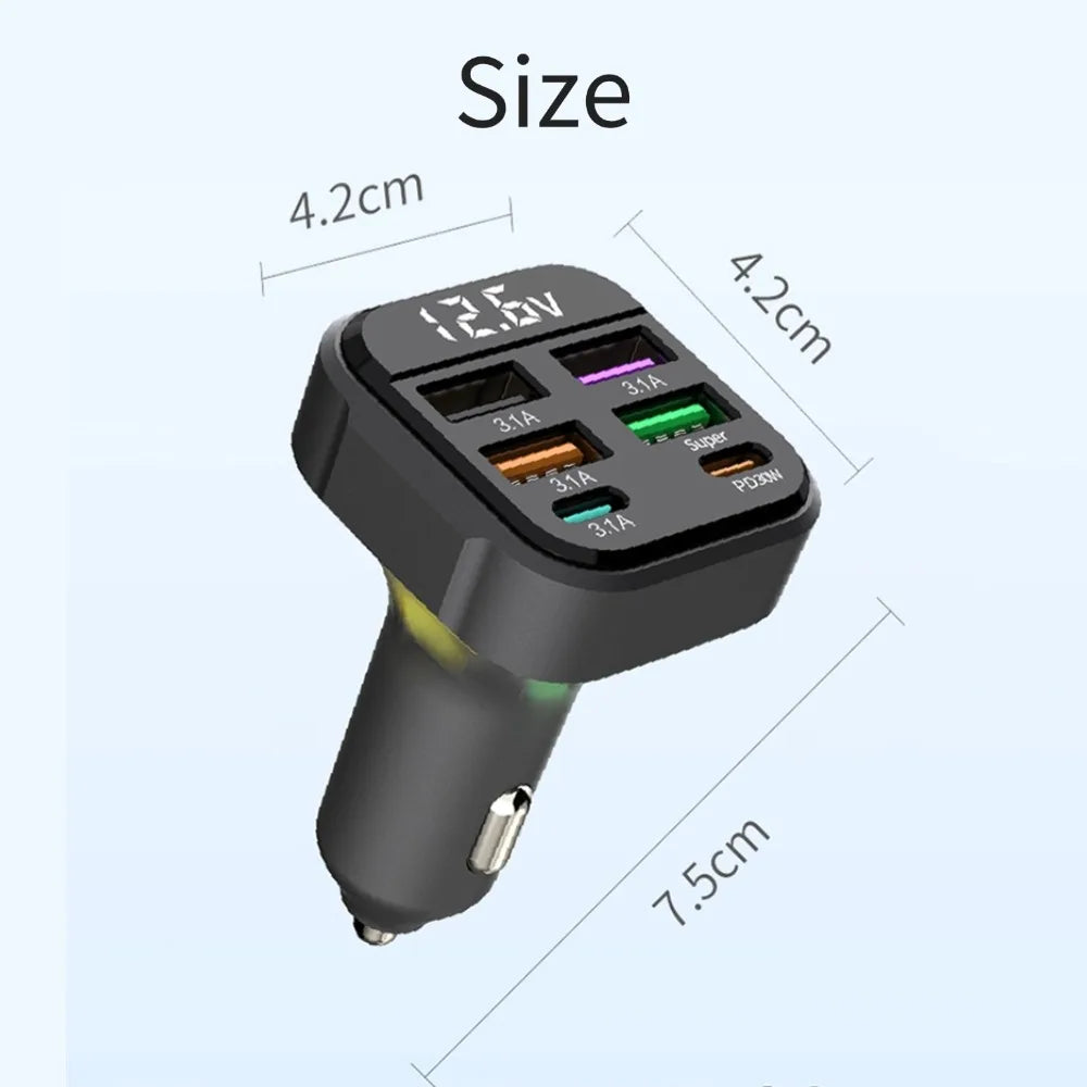 Cargador de Auto 6 Puertos USB con PD30W y QC3.0 Pantalla LED