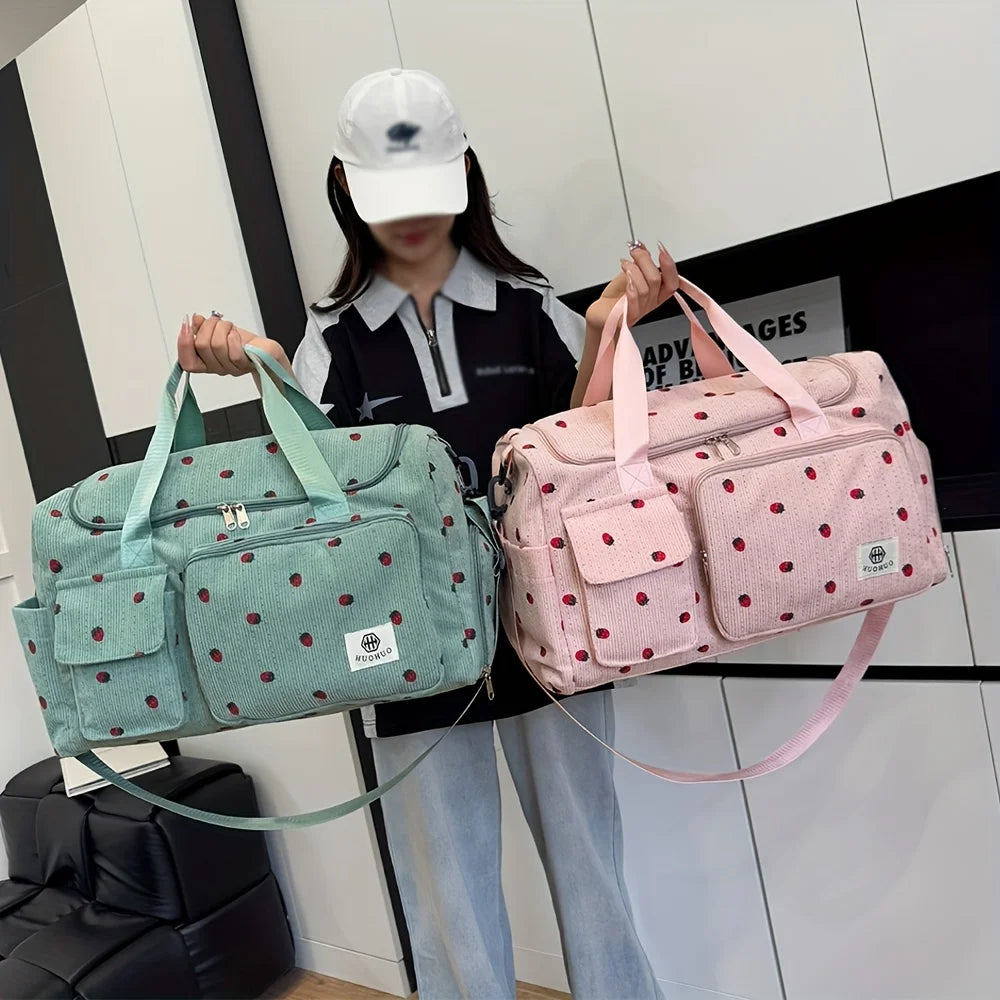 Bolsa de viaje de fresa, bolsa de equipaje de pana de gran capacidad, bolso cruzado ligero, bolsa deportiva y de fitness multifuncional
