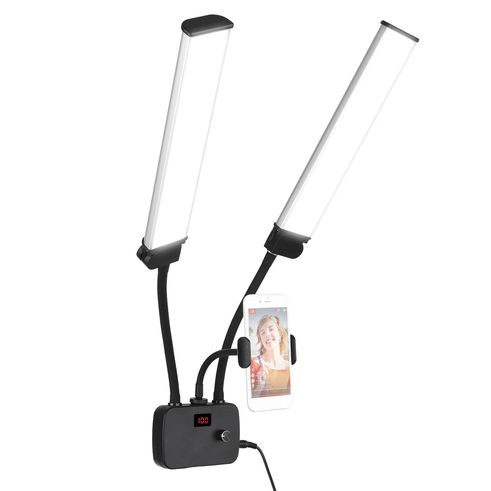 3 Modos de Iluminación con Soporte para Teléfono, Brazos Dobles Flexibles, Luz de Relleno LED Bicolor, Luz de Video LED Regulable para Transmisión en Vivo