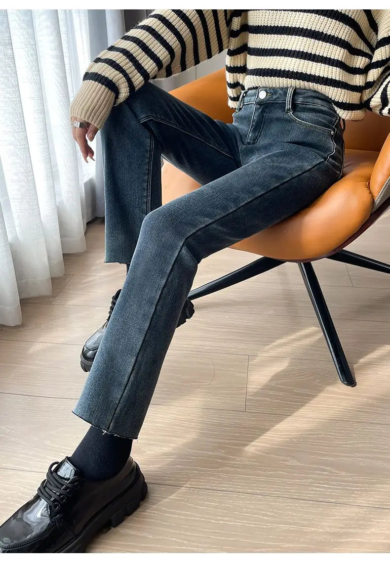 Pantalones Vaqueros Y2K con Forro Polar para Mujer, Cintura Alta, Pierna Recta