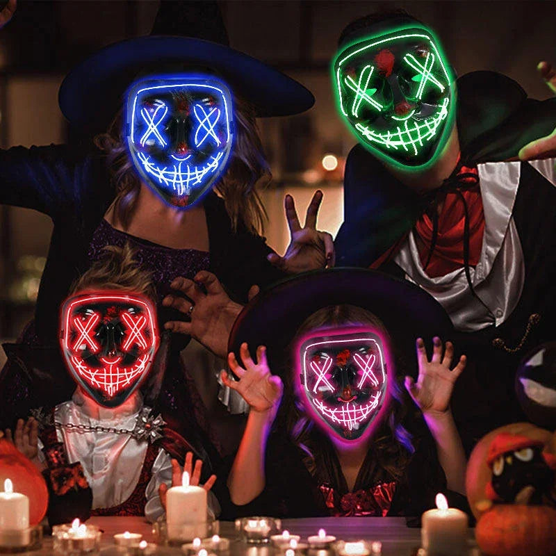 Cosplay disfraz de Halloween luz LED máscara de miedo máscara de Halloween cara para hombre niños Techwear máscara de encaje máscara facial decoración de fiesta
