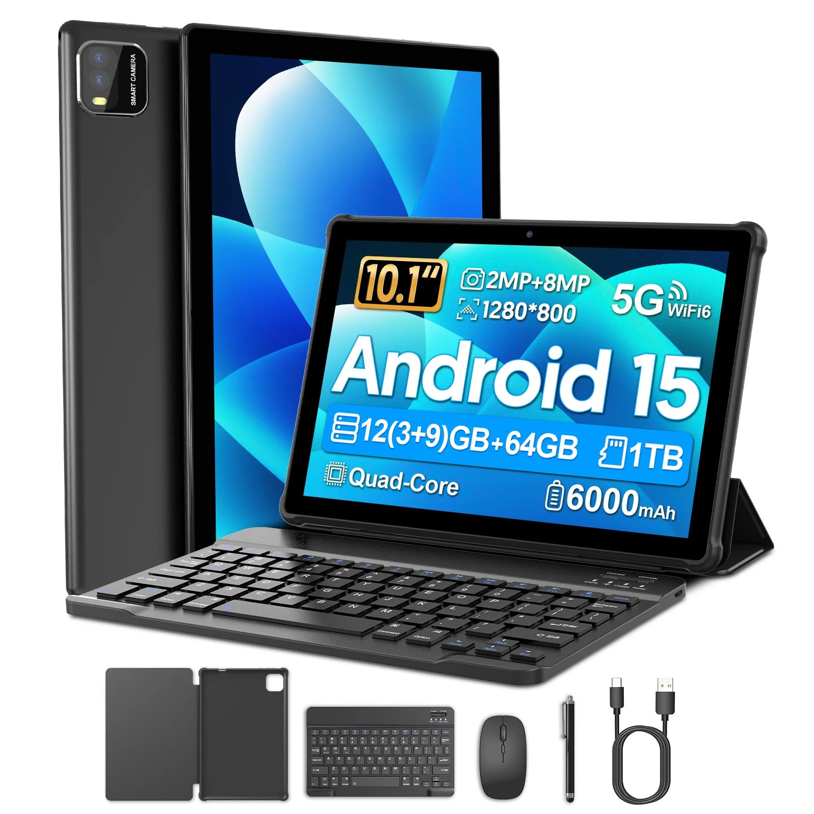 Tablet Android 15 de 10.1 Pulgadas, Compatible con Google Play, Procesador de Cuatro Núcleos, 12GB (3+9) de RAM, 64GB de ROM, Bluetooth, Batería de 6000mAh