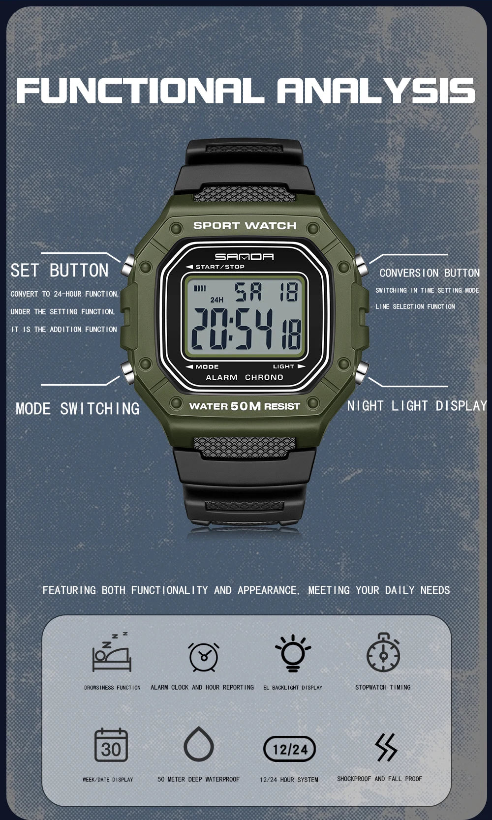 SANDA 2156 reloj de moda para hombre, relojes deportivos militares resistentes al agua, relojes de pulsera digitales Led con esfera grande del ejército, cronómetros para hombre