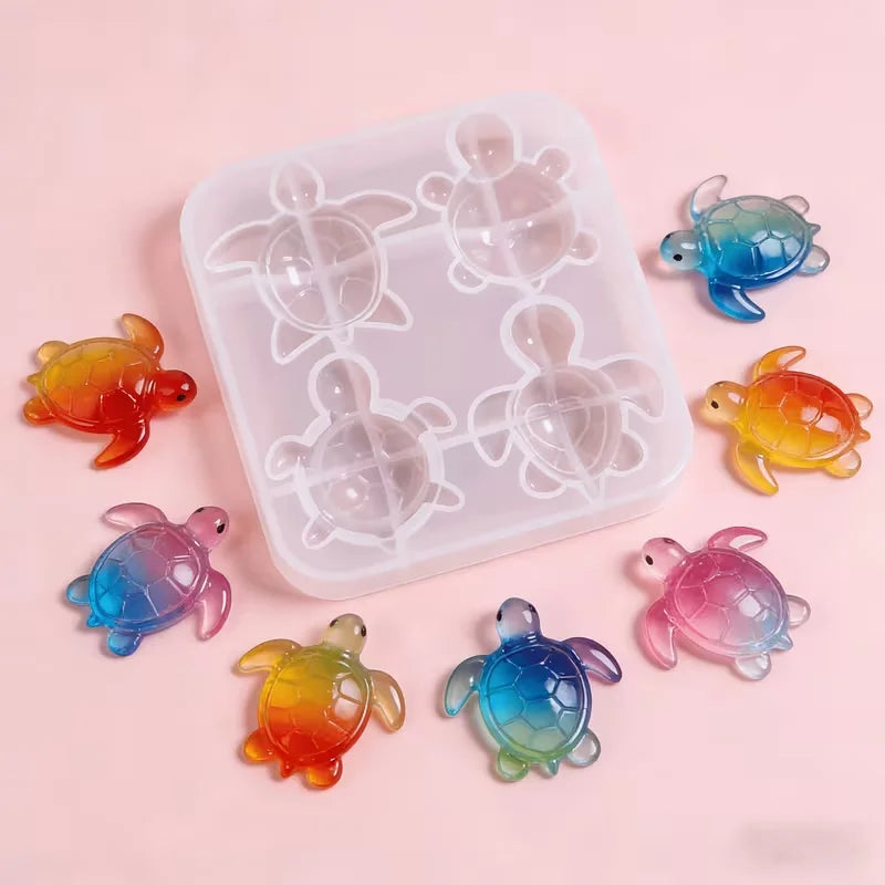 1 unidad de molde de silicona de 4 cavidades con forma de tortuga linda, herramienta para hacer manualidades DIY de llaveros de resina de animales de dibujos animados y colgantes para bolsos/coches