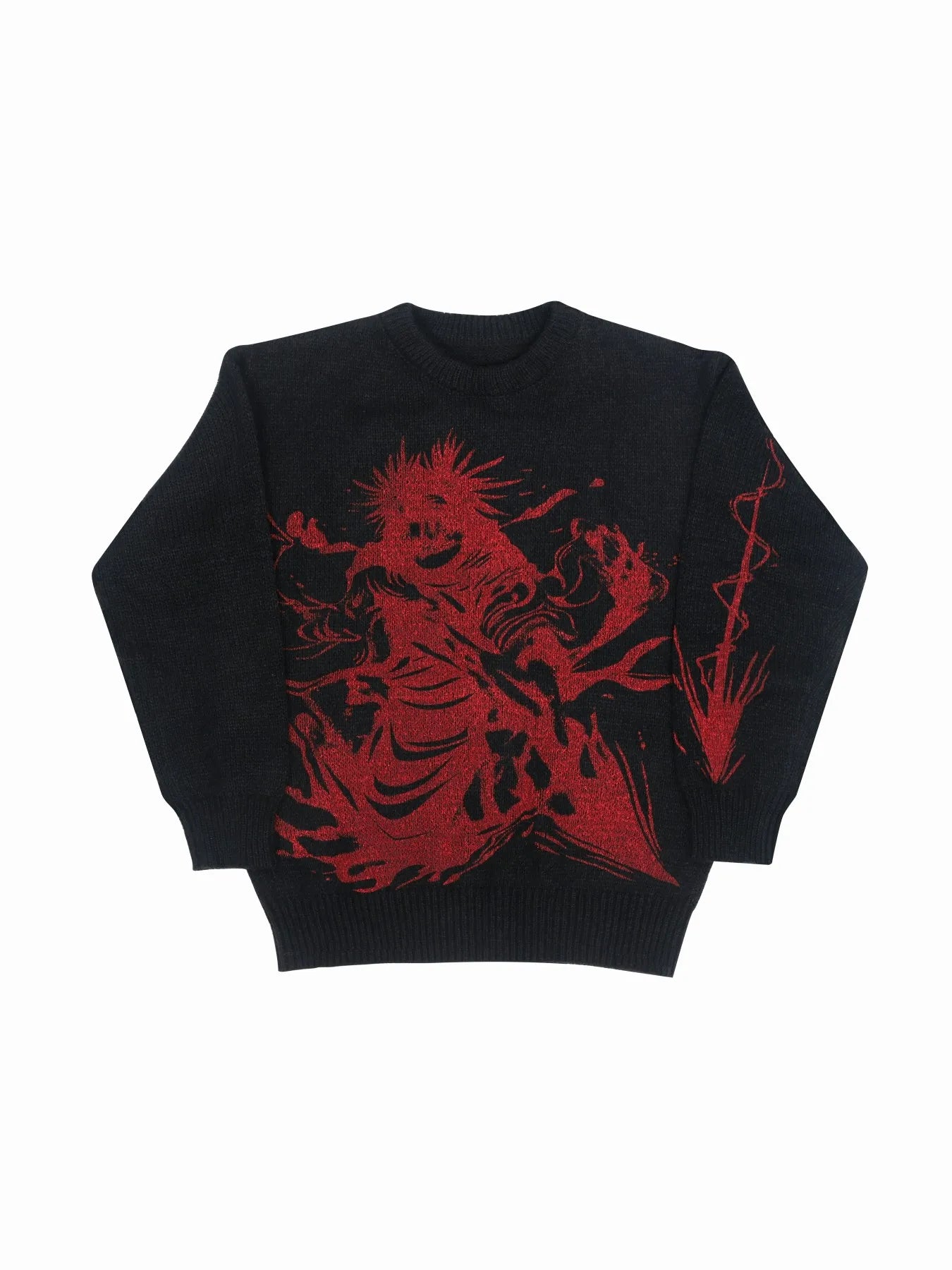 Suéter de punto con gráfico rojo y negro para hombre, cuello redondo, informal, de gran tamaño, manga larga, ropa de calle