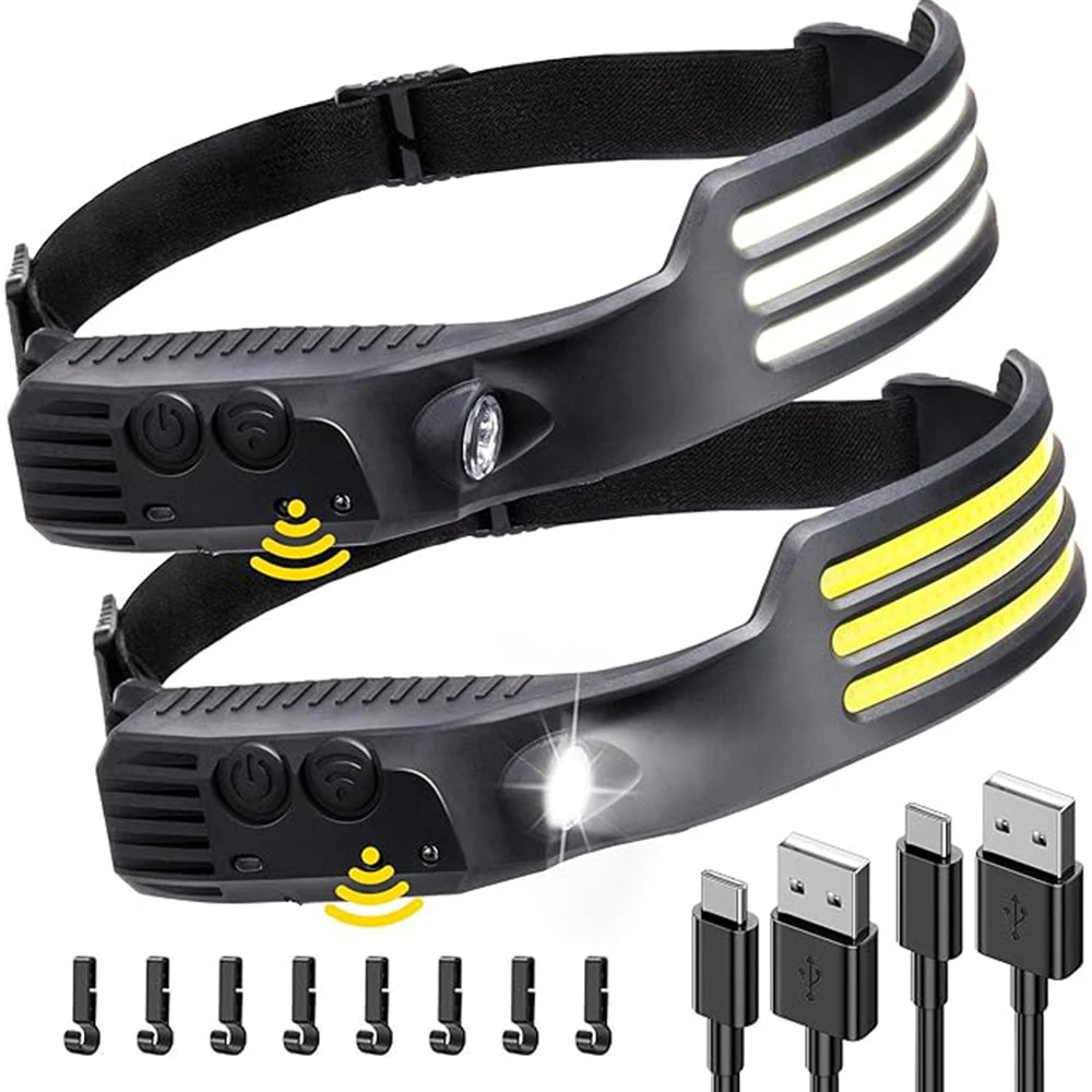 Linterna Frontal LED COB Recargable USB, 10 Modos, IPX4