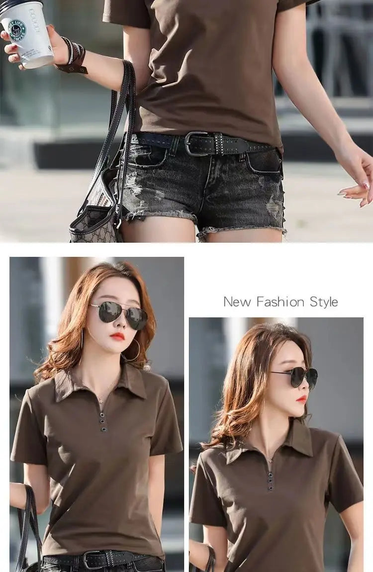 Camiseta Polo Femenina Estilo Coreano de Primavera