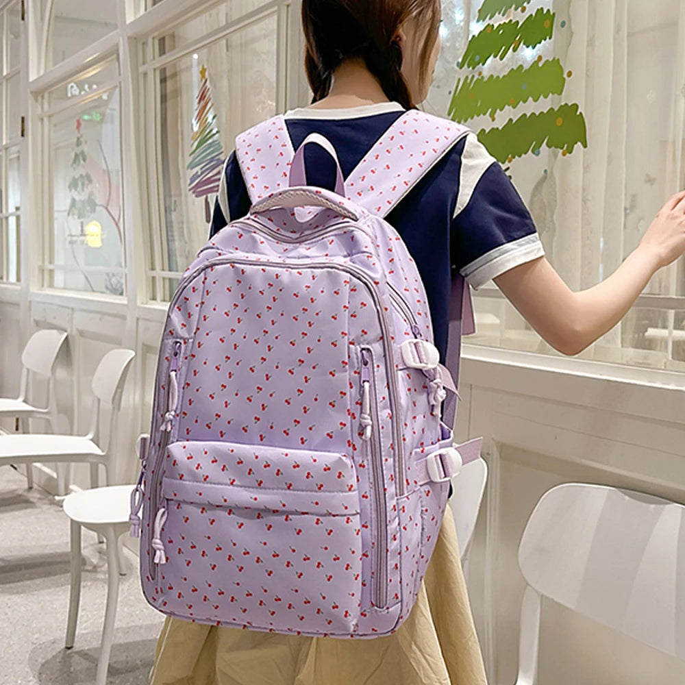 Mochila de Nailon con Estampado de Cerezas y Lazos, Mochila Grande con Múltiples Bolsillos, Ligera y Resistente al Agua para la Escuela y Uso Diario