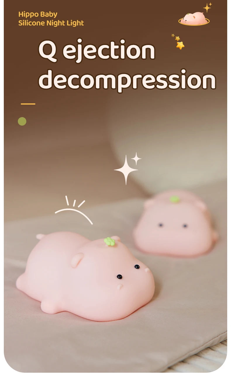 Luz nocturna de hipopótamo rosa para niños, Linda luz nocturna de silicona, carga USB, lámpara de sincronización táctil, decoración de escritorio, regalo
