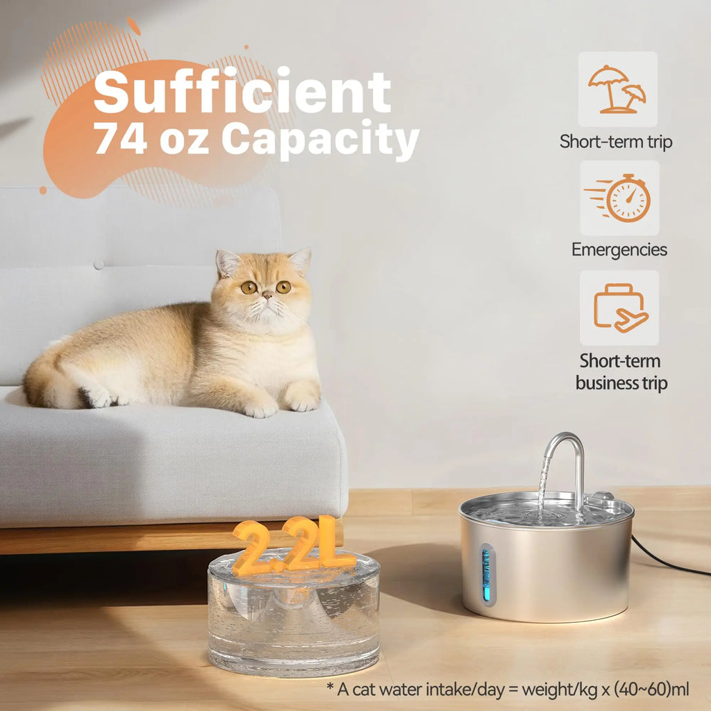 ZYFeeder-fuente de agua automático de 2,2 L, alimentador de agua para mascotas de acero inoxidable, tazón de bebida para gatos/perros, dispensador de agua silencioso con ventana