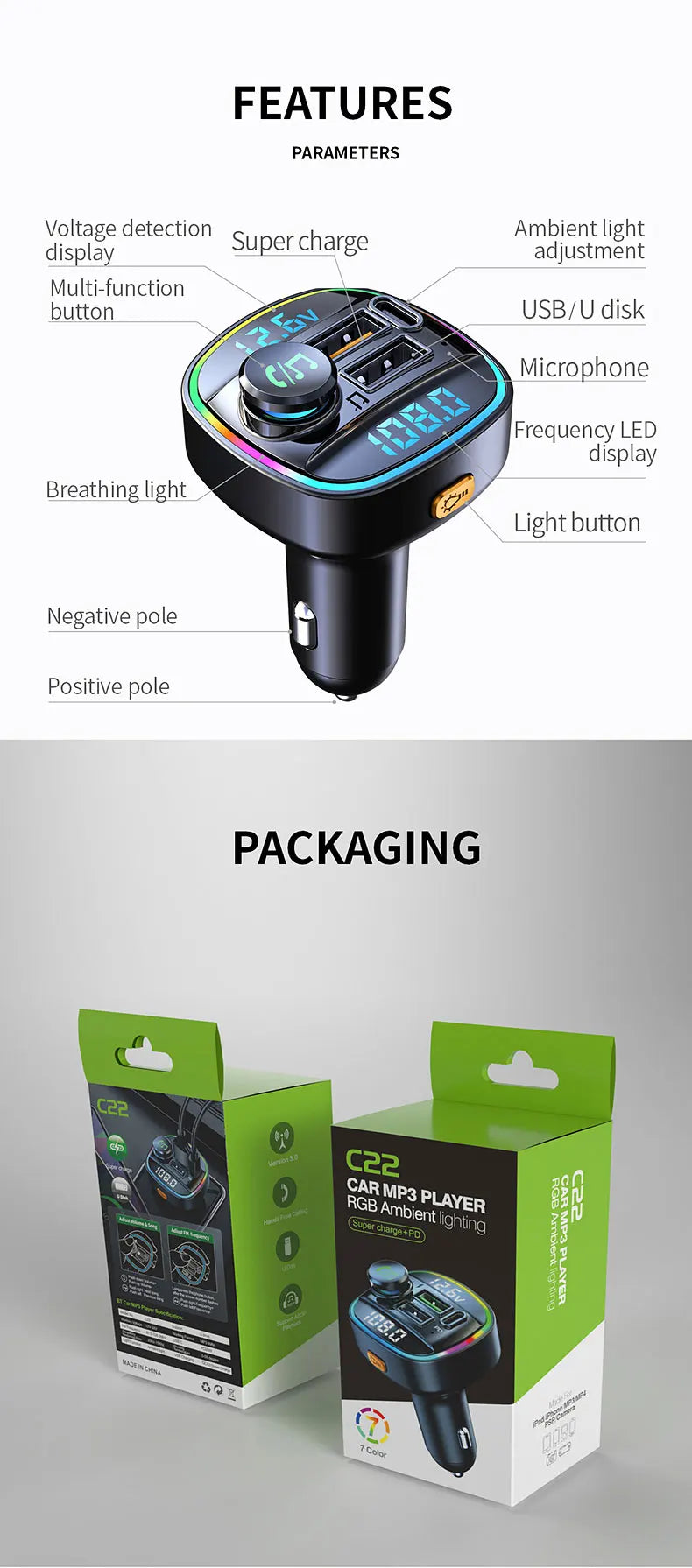 Transmisor FM Bluetooth 5.0 para Auto con Carga Rápida 22.5W
