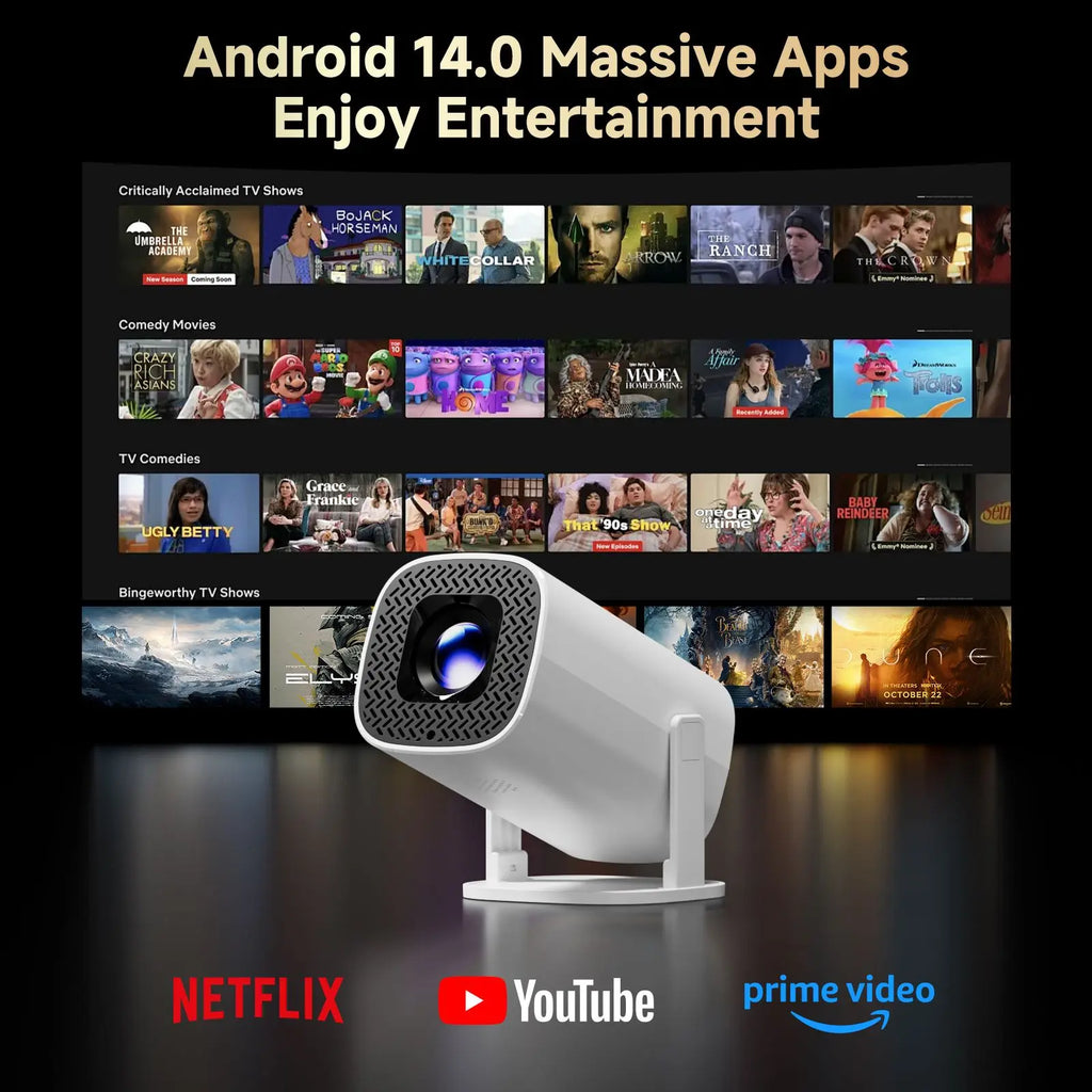 HONGTOP-proyector inteligente 4K Android 14, WiFi6, compatible con pantalla de 1080p x 720p, cine en casa inteligente, proyector portátil para exteriores