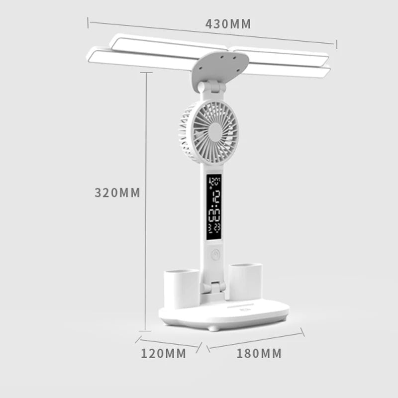 Lámpara de escritorio multifuncional 3 en 1, lámpara LED de escritorio plegable de cuatro cabezales con ventilador, calendario, reloj, lámpara de escritorio de oficina de lectura recargable por USB