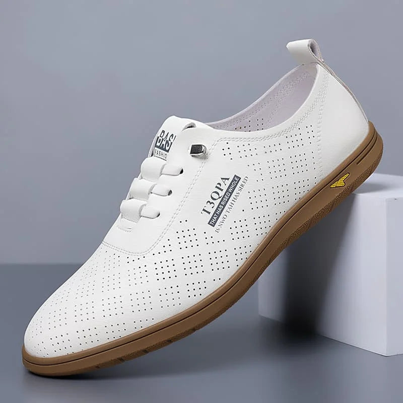 Zapatos de vestir mocásin para hombre, cuero blanco, decoración perforada