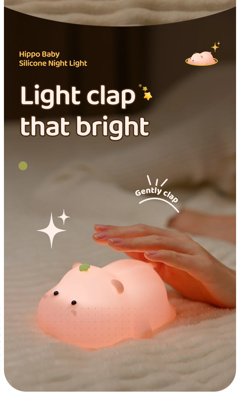 Luz nocturna de hipopótamo rosa para niños, Linda luz nocturna de silicona, carga USB, lámpara de sincronización táctil, decoración de escritorio, regalo