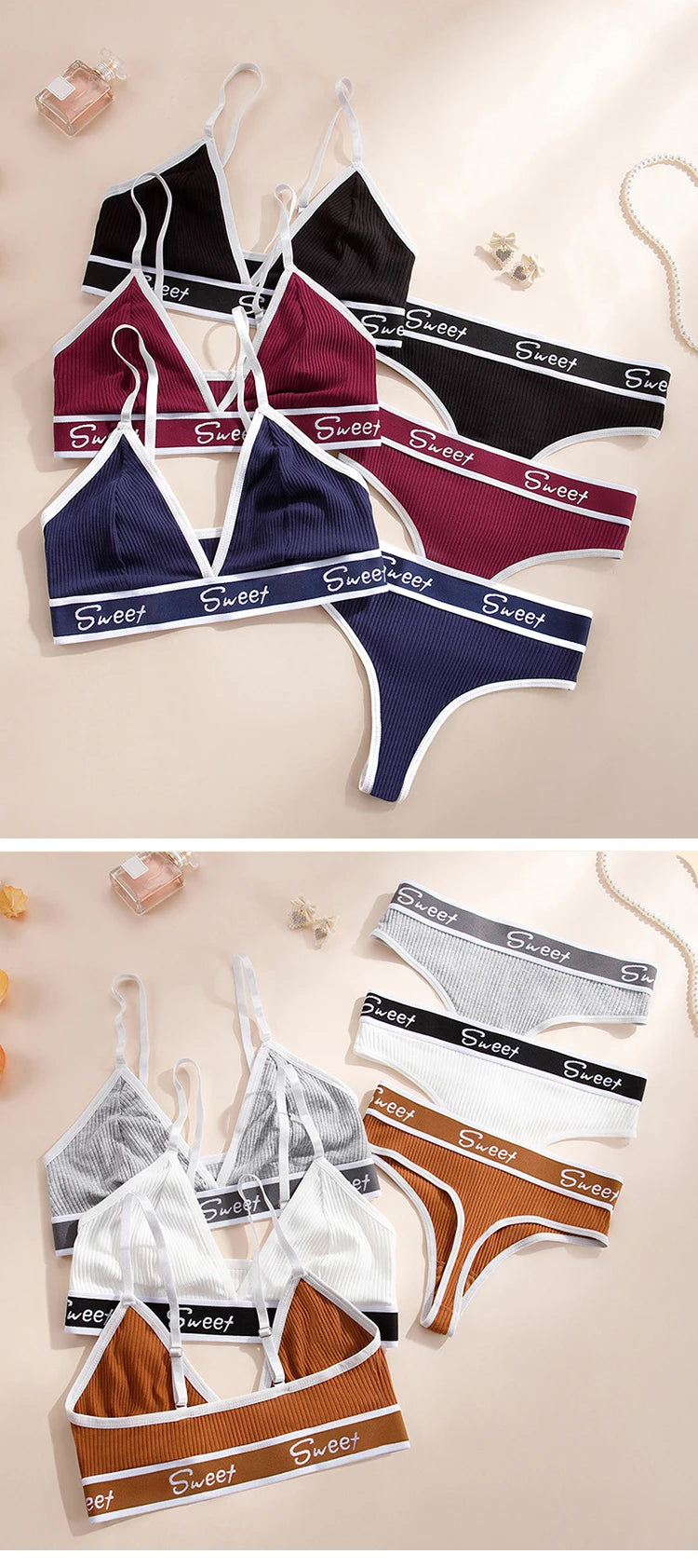 Conjunto de Bralette y Bragas Triangulares Acanaladas para Mujer