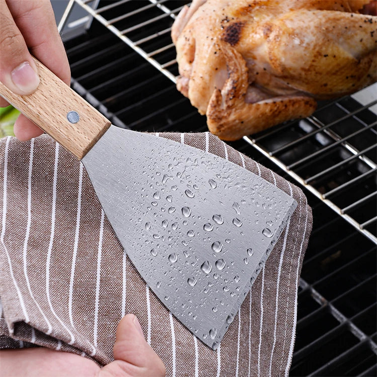 Espátula para plancha al aire libre, espátula para parrilla de acero inoxidable, raspador, espátula plana, aleta para panqueques, volteador de hamburguesas para asar JT596