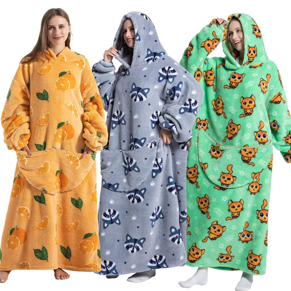 Sudaderas con capucha Extra largas de invierno para mujer, ropa de casa, sudadera de dibujos animados para adultos, jersey con bolsillo grande, mantas suaves y acogedoras de gran tamaño