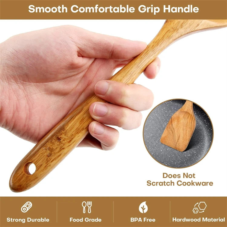 LMETJMA Paquete de 10 utensilios de cocina de madera de teca Natural, juego de utensilios de cocina con espátula y cucharas de madera para cocinar y hornear JT503