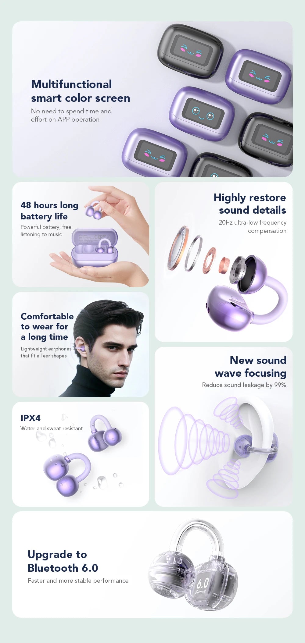 Auriculares Bluetooth HTC NE54 similares a NE32, auriculares inalámbricos con clip para la oreja, Bluetooth 6.0, pantalla táctil a color, sonido HiFi, conducción ósea