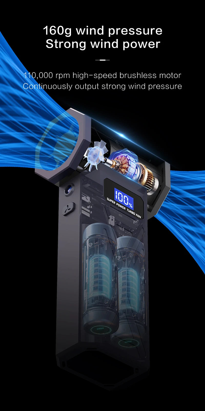 Potente soplador de aire de 110000Rpm, soplador de chorro Turbo ajustable de 4 engranajes con pantalla de batería de luz Led, plumero de aire comprimido inalámbrico