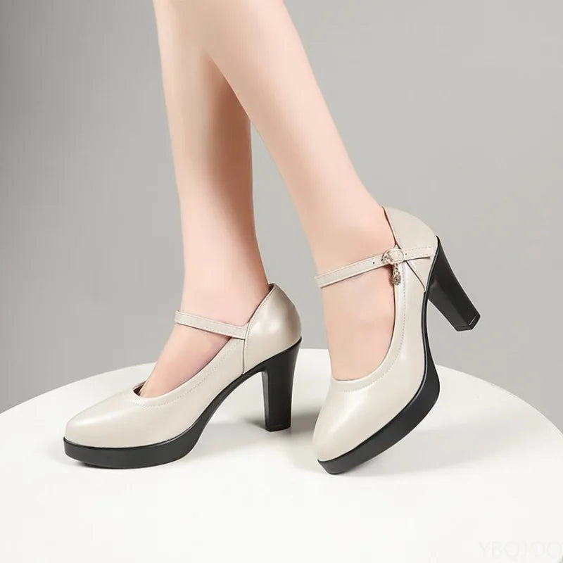 Zapatos de Tacón Grueso con Diamantes para Mujer | Punta Redonda