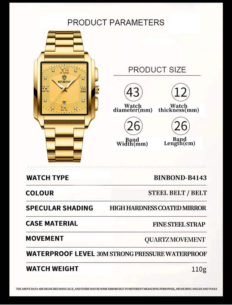 Reloj de Cuarzo Analógico de Lujo BINBOND para Hombre Esfera Cuadrada